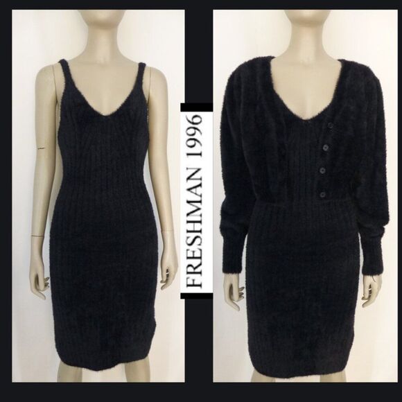 NWOT Freshman 1996 2-Piece Set, Ribbed, and Fuzzy Black Dress with Cardigan - Picture 1 of 13